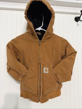 Carhardtt Kids XS 6 CottonDuck JACKET Quilted Lining HOODED Brown POCKETS